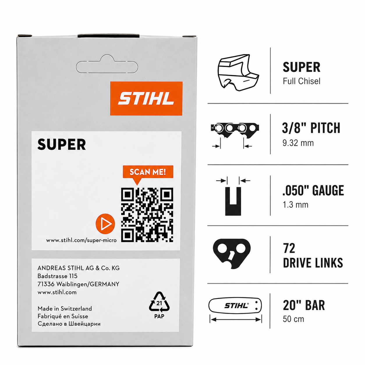 STIHL 3623 005 0072 Chainsaw Chain 33 Rapid Super 72 Drive Links, .3/8 Pitch, .050 Gauge, 20 inch. | 33rs 72